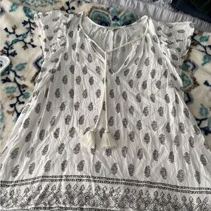 Lucky Brand White Tassel Tie Printed Peasant Top
